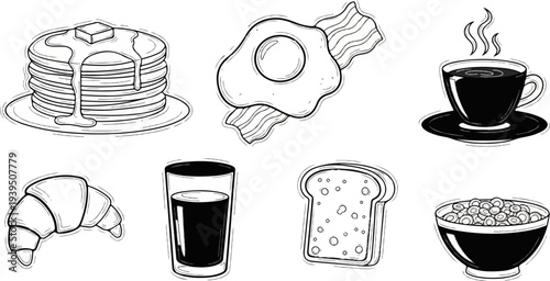 A collection of black and white breakfast illustrations including pancakes, coffee, and eggs