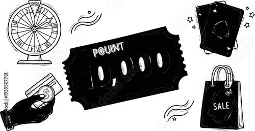 A collection of casino and shopping elements, including a prize wheel, cards, and a shopping bag