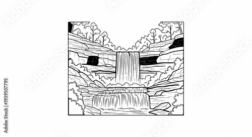 A cascading waterfall tumbles over layered rocks surrounded by trees and foliage