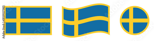 sweden national flag icon set with rectangle waving banner and circular badge featuring blue background and yellow nordic cross isolated on white background