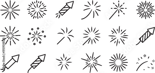 Firework simple black line icons isolated on transparent background silhouette icon set
