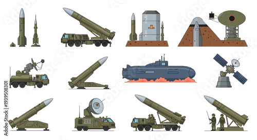 Military Missile Defense System and Ballistic Weapons Technology Vector Illustration Set