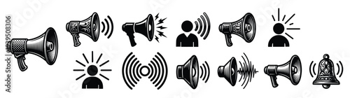 Collection of black megaphone bullhorn sound wave and notification bell icons for marketing announcement and alert communication isolated on white background vector illustration set