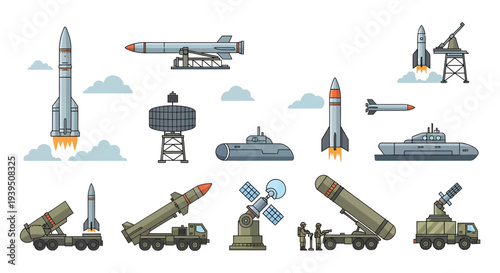 Ballistic Missile Defense System and Military Rocket Launcher Vector Illustration Set