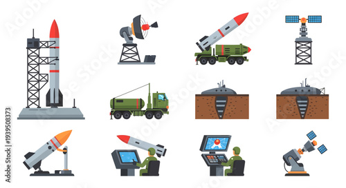 Missile Defense System and Military Technology Flat Vector Icons Set