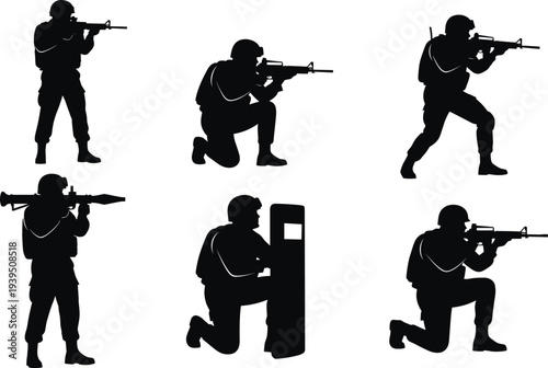 Military soldiers silhouette set with rifles, tactical combat poses, kneeling aiming standing shield rocket launcher army security defense vector illustration isolated collection