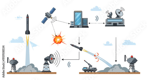 Integrated Missile Defense System Illustration with Radar, Satellite Tracking, and Interceptor Launch for National Security