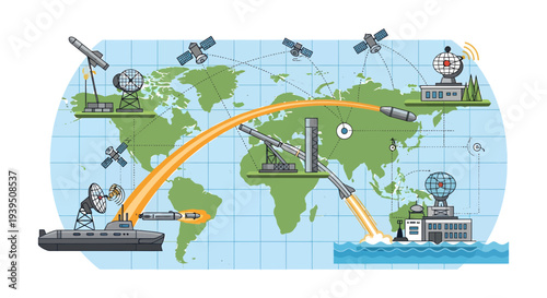 Global Missile Defense System and Satellite Surveillance Network Vector Illustration