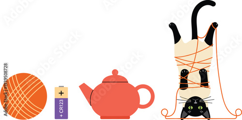 Playful vector illustration of cat tangled in yarn with everyday objects including teapot and battery arranged humorously on white background