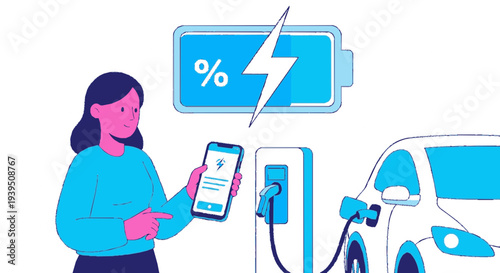 Woman charges electric car with smartphone showing battery percentage on screen