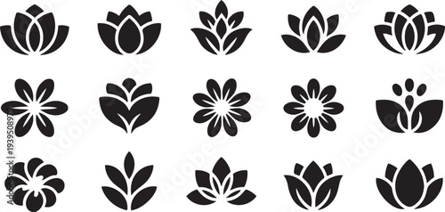 flower shape vector, floral icon set, flowers vector silhouette, symmetrical floral patterns, lotus, petals, abstract blossoms, nature design  silhouette icon set