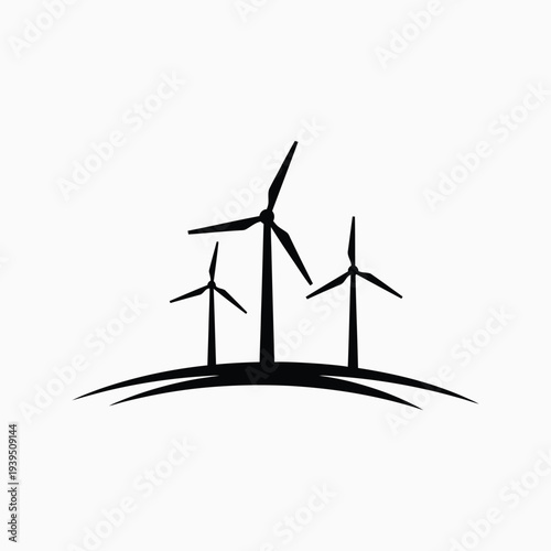 Three wind turbines on a stylized landscape, representing sustainable energy generation and environmental harmony