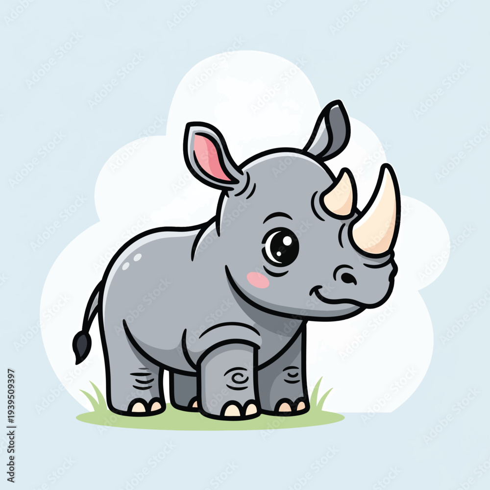 Fototapeta premium Cute Cartoon Rhinoceros on Grass