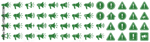 Large collection of green megaphone bullhorn and notification alert icons for marketing announcement and digital communication isolated on white background vector illustration set