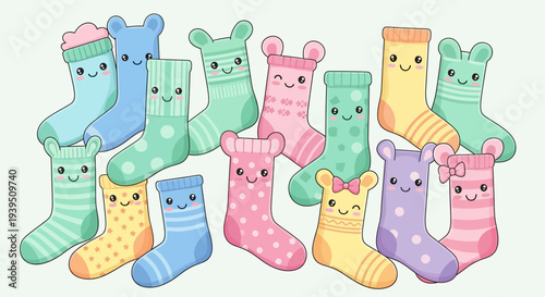 An adorable collection of vibrant, cartoon-style socks with happy faces and charming details, perfect for children's designs or playful themes