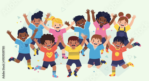 Joyful multicultural children jumping with excitement and raised hands in celebration of diversity and happiness