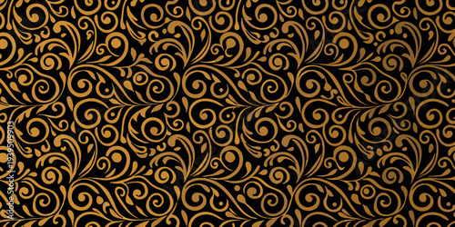 Elegant black background adorned with swirling golden floral patterns