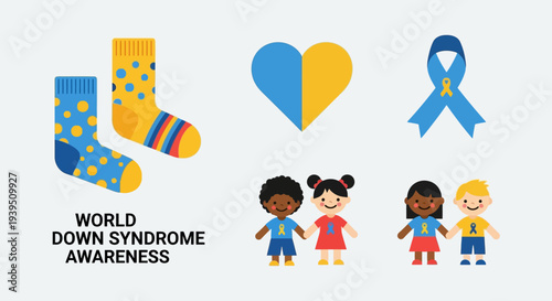 Bright graphic for Down Syndrome awareness, depicting diverse children, mismatched socks, heart, and ribbon, symbolizing acceptance and support