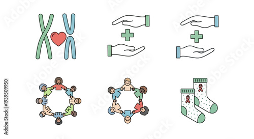 Collection of Diverse Line Icons Representing Health Awareness, Genetic Research, Community Support, and Charitable Giving for Various Causes