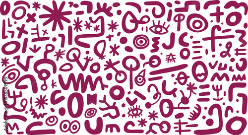 Vibrant pink abstract symbols and shapes on white background