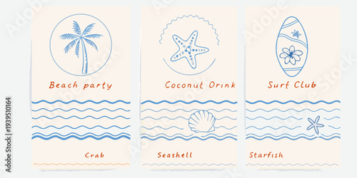 A series of hand drawn beach themed illustrations in a grid layout