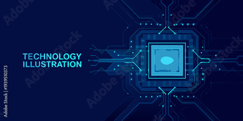 Abstract technology illustration featuring a microchip and circuit board design