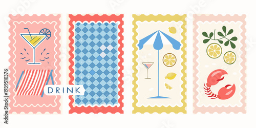 Four decorative postcard illustrations with summer themed imagery