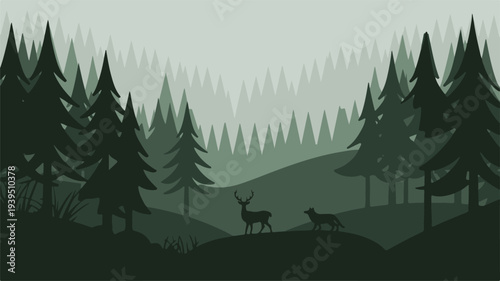 Stag and wolf encounter among conifer trees