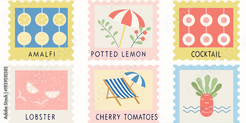 A collection of colorful postage stamps with summery illustrations