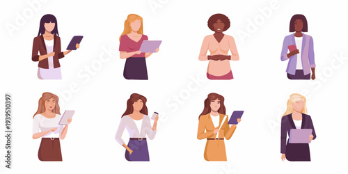 Diverse group of women in professional attire holding devices