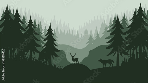 Forest wildlife silhouettes with deer and wolf on hill