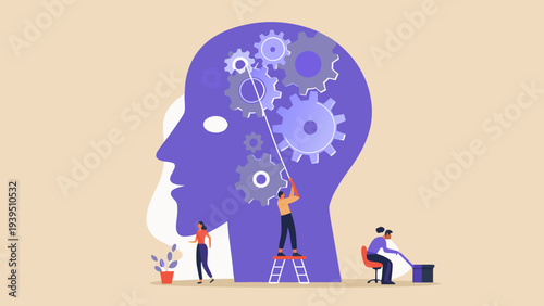 Internal workings of the mind represented by gears and tiny people