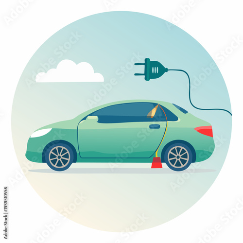 Green electric car charging with a plug and cable