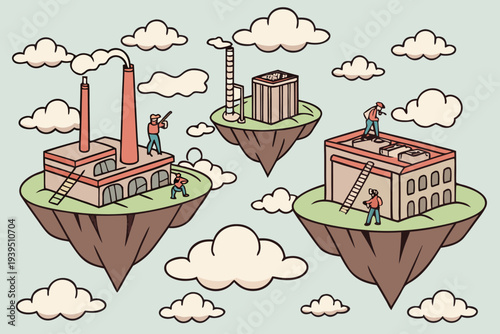 Workers maintain floating industrial buildings with smokestacks among clouds