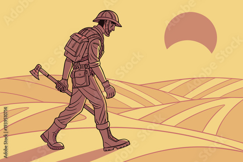Soldier walking through desert landscape with axe in hand