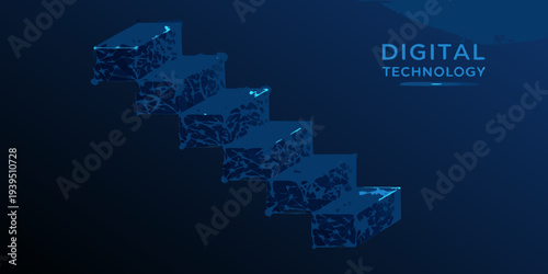 Abstract staircase composed of digital network structure against a dark background