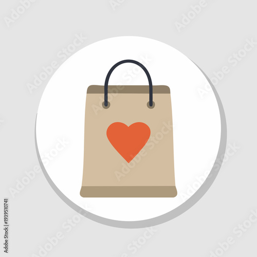 Flat design icon of a brown paper shopping bag with a red heart.