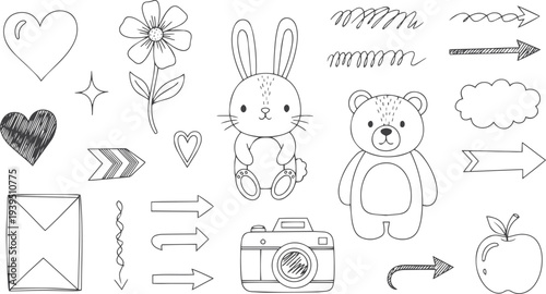 Set of cute pen line doodle element vector. Hand drawn doodle style collection of hearzrabbit, bear, camera, scribble, arrow, apple. Design for decoration, sticker, idol poster vector