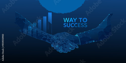 A digital handshake forming from data and a rising bar graph