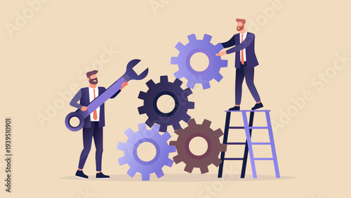 Businessmen collaborate to fix complex machinery with large gears