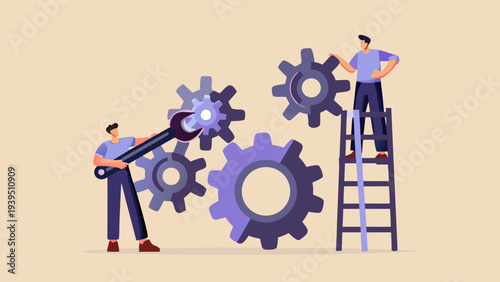 Teamwork and problem solving illustrated with gears and people