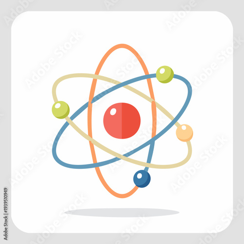 Atomic structure model flat design icon representing science and education.