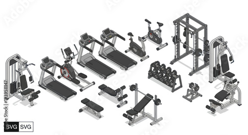 Isometric Gym Equipment Collection: Treadmills, Dumbbells, Machines, and Benches