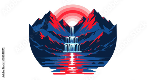 Stylized Mountain Waterfall Landscape with Reflective Water and Sunset