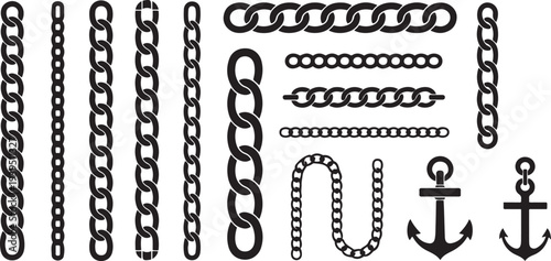 Monochrome set different type of metal chains in silhouette style. Vector silhouette icon set