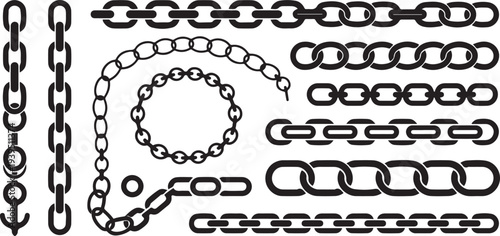 Monochrome set different type of metal chains in silhouette style. Vector silhouette icon set