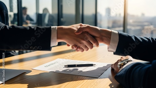 Business Agreement Reached: Hands Shaking Over Contract Signifying Partnership and Mutual Understanding in Corporate Environment