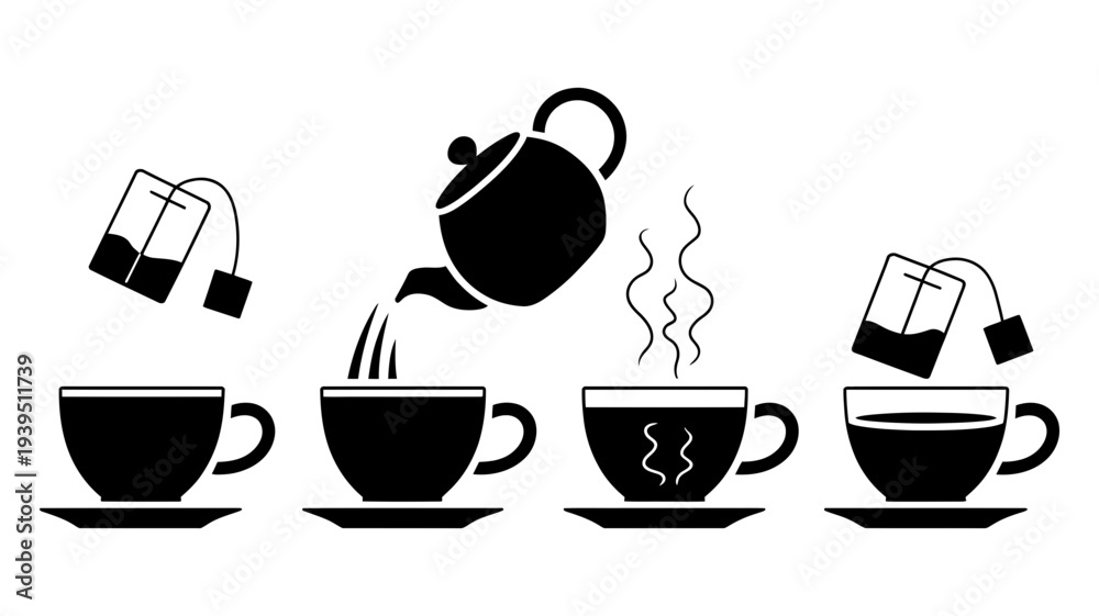 Fototapeta premium Four minimalist black icons demonstrating the stages of preparing a warm tea beverage with distinct steam patterns.