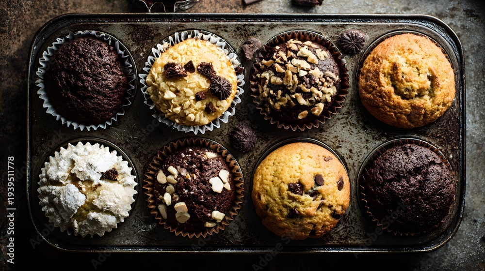 Fototapeta premium Assorted muffins showcased in a baking tray, enhanced by natural window light and soft, charming shadows.