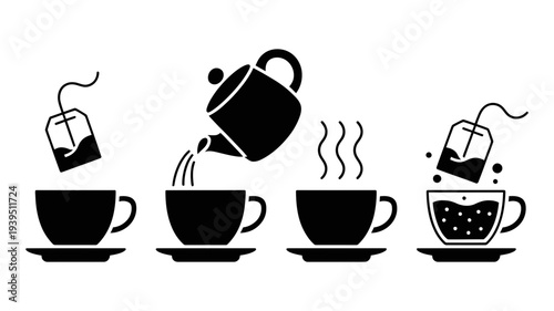 A series of four black silhouette icons illustrating the step-by-step process of preparing a hot cup of tea.